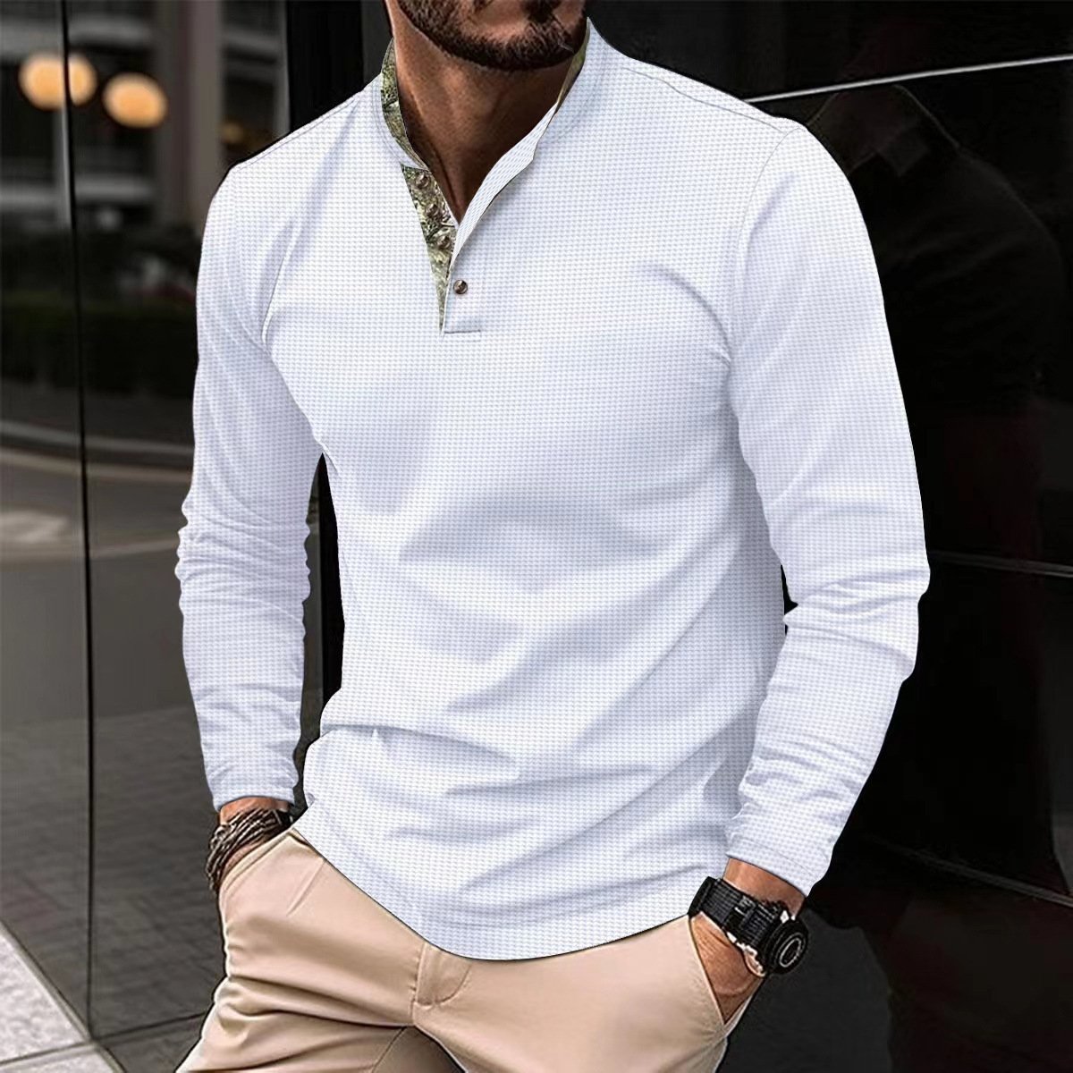Men's Double Layer Lapel Polo Shirt Fashion Waffle Long-sleeved Tops Clothing - Image 7