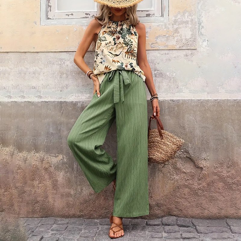 Women's 2 Piece Outfits Summer Casual Sleeveless Halter Neck Crop Tops Wide Leg Pants Set - Image 4